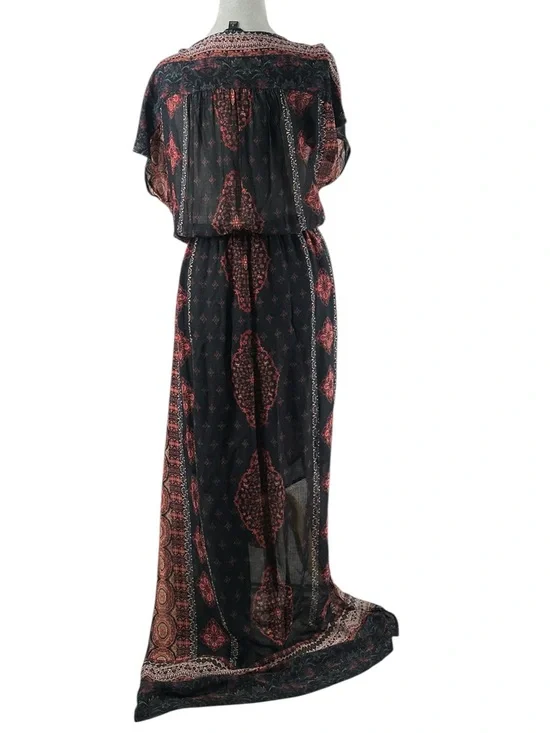 Lucky Brand Boho Print Maxi Dress Black Red V-Neck Festival Bohemian sz sm - Picture 3 of 7
